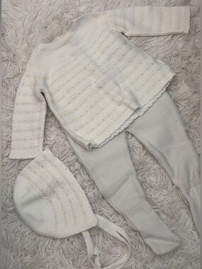 Cream Baby Spanish Knit Set with Cream Threading - Sweater, Pants & Bonnet